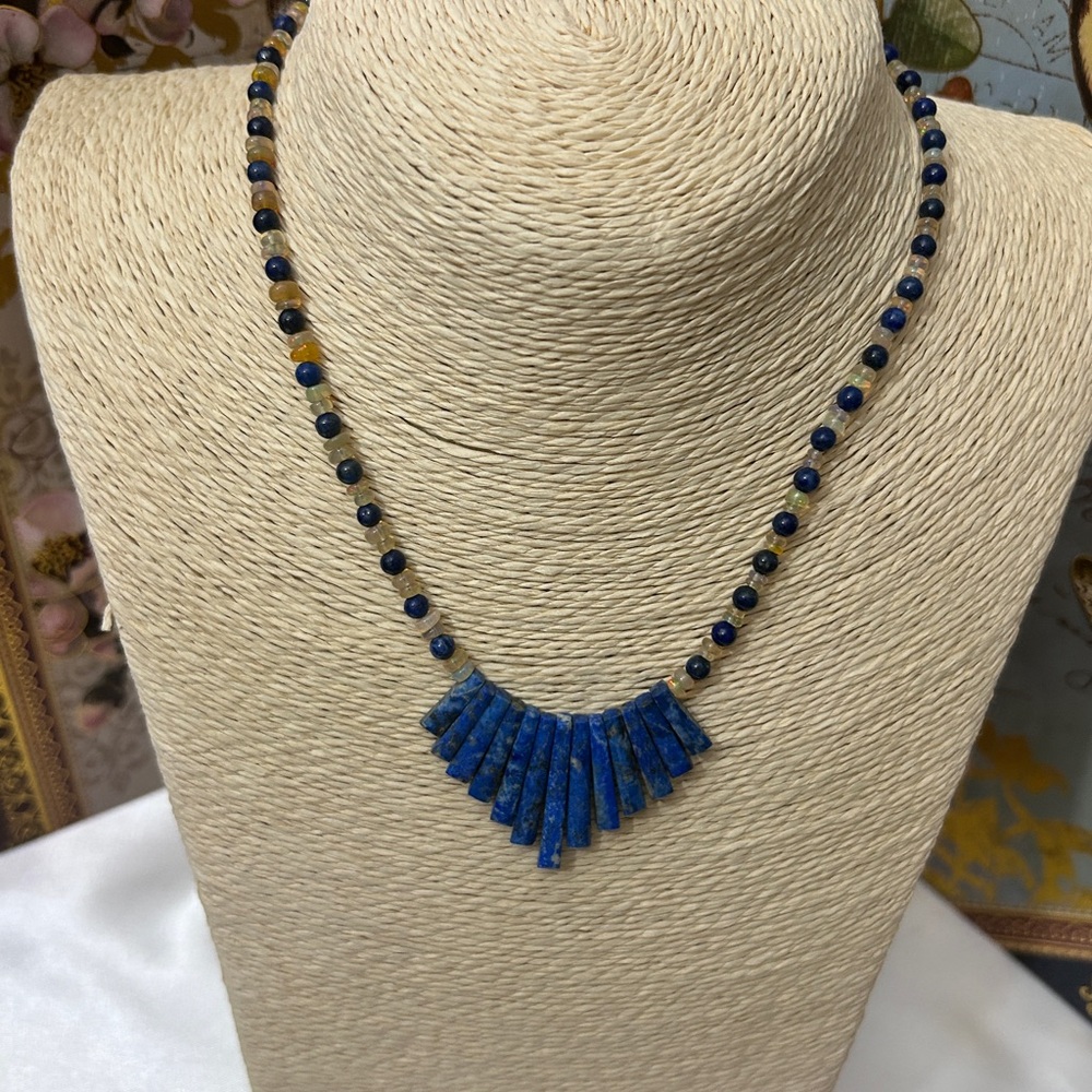 NEW HANDMADE Sterling Silver Gemstones Necklace lapis Lazuli, and Fire Opal - Picture 5 of 10